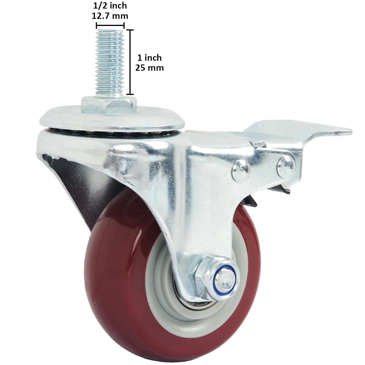 Caster Wheels Set of 4 with Brake Plate Swivel Casters Premium Polyurethane Wheels PU Load Bearing 1,200 Lbs Lockable Anti-wear Smooth Casters Red