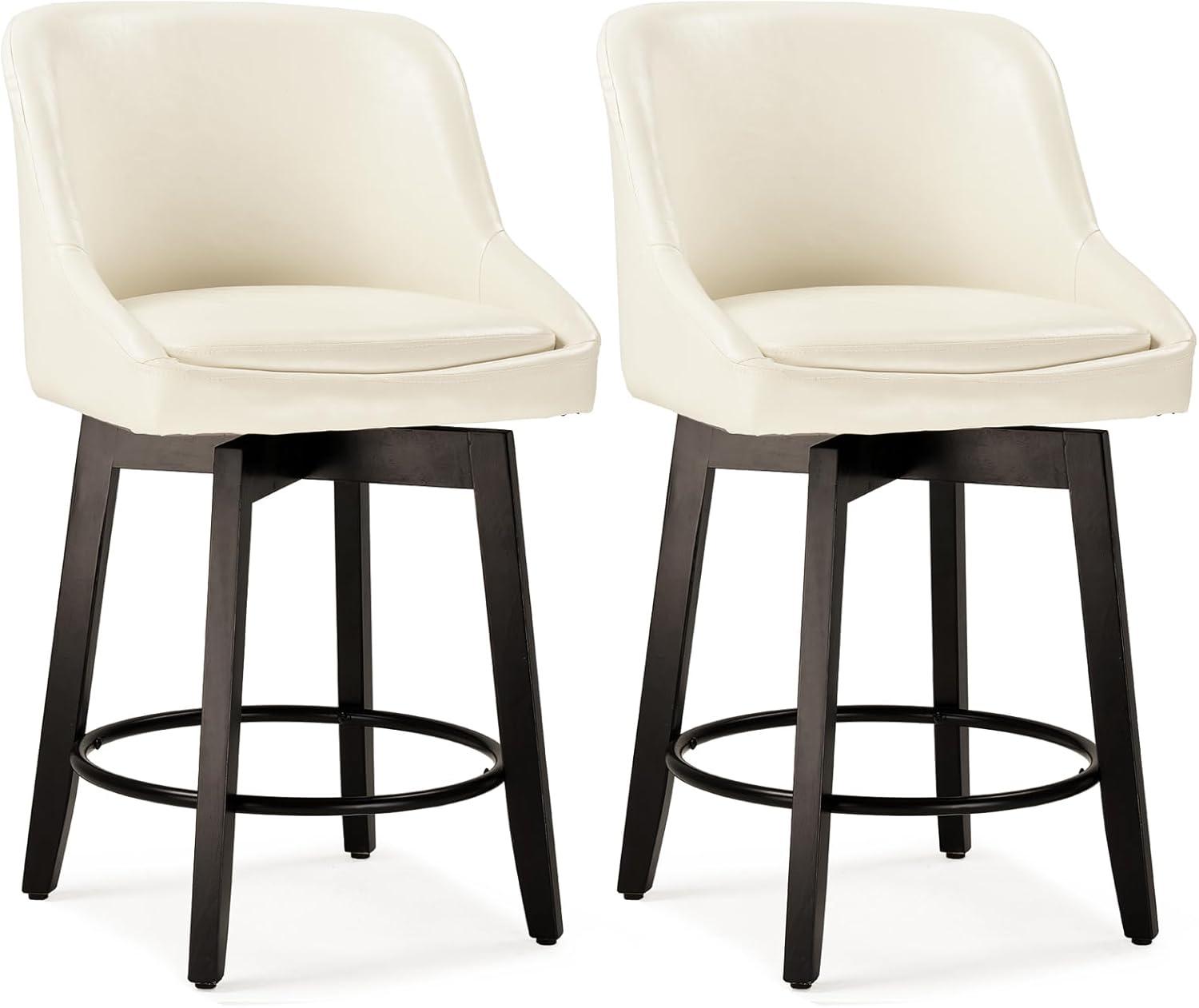 CHITA 26 inch Upholstered Swivel Faux Leather Counter Bar Stools with Back & Wood Legs Set of 2, Pure White