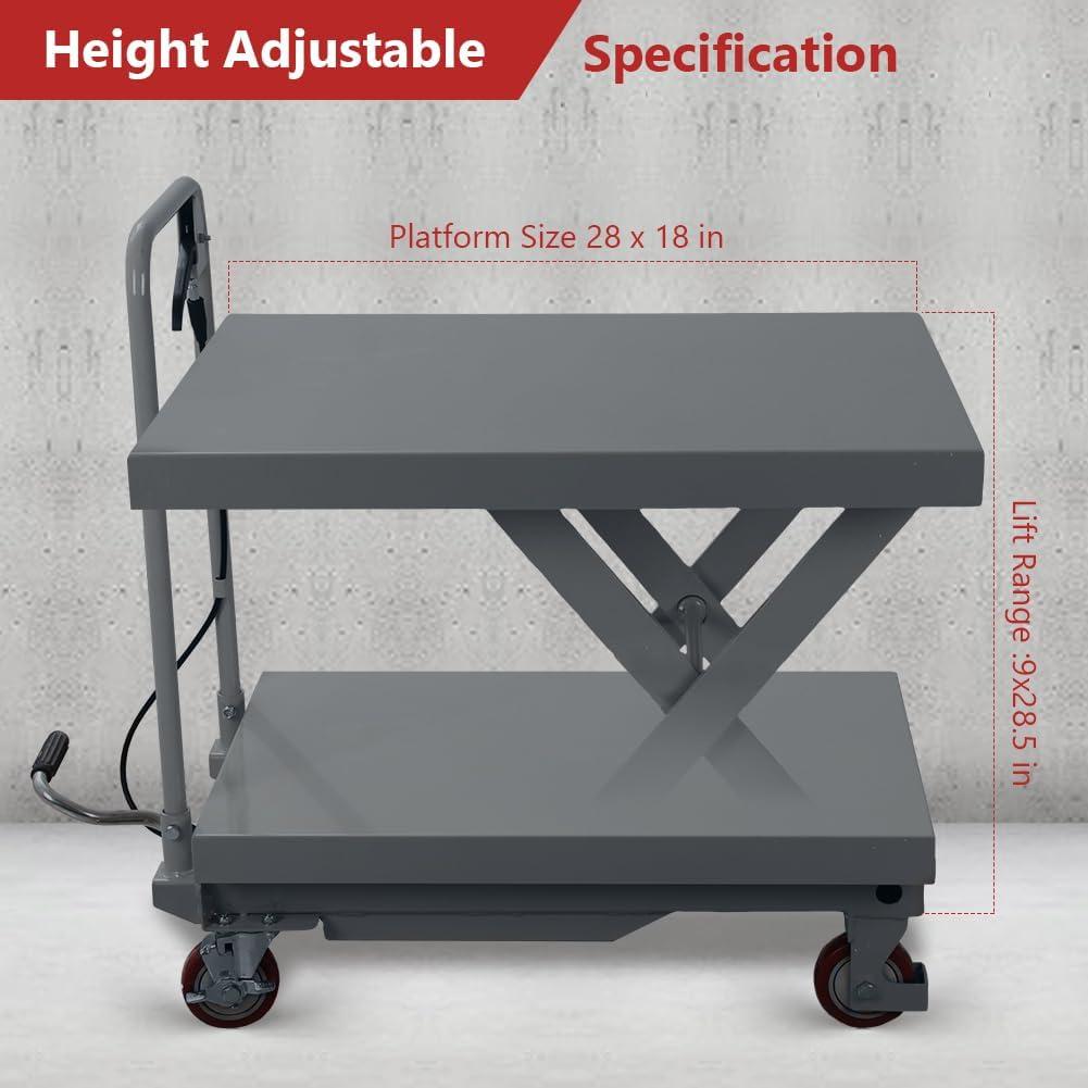 Yiwa Manual Hydraulic Scissor Cart Lift Table with 4 Wheels and Foot Pump, 500lb Load Capacity, 28.5-inch Lifting Height, for Material Handling