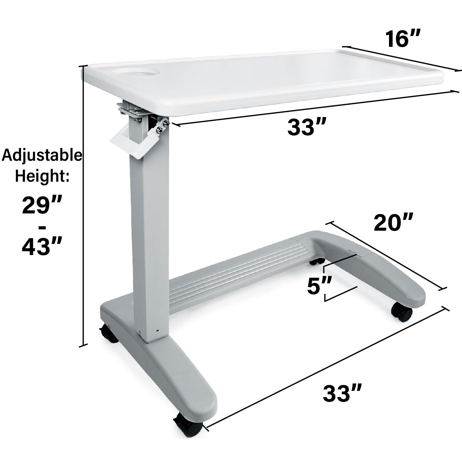 Vaunn Medical Adjustable Overbed Exam Bedside Table with Wheels, for Hospital and Home Use, Light Gray