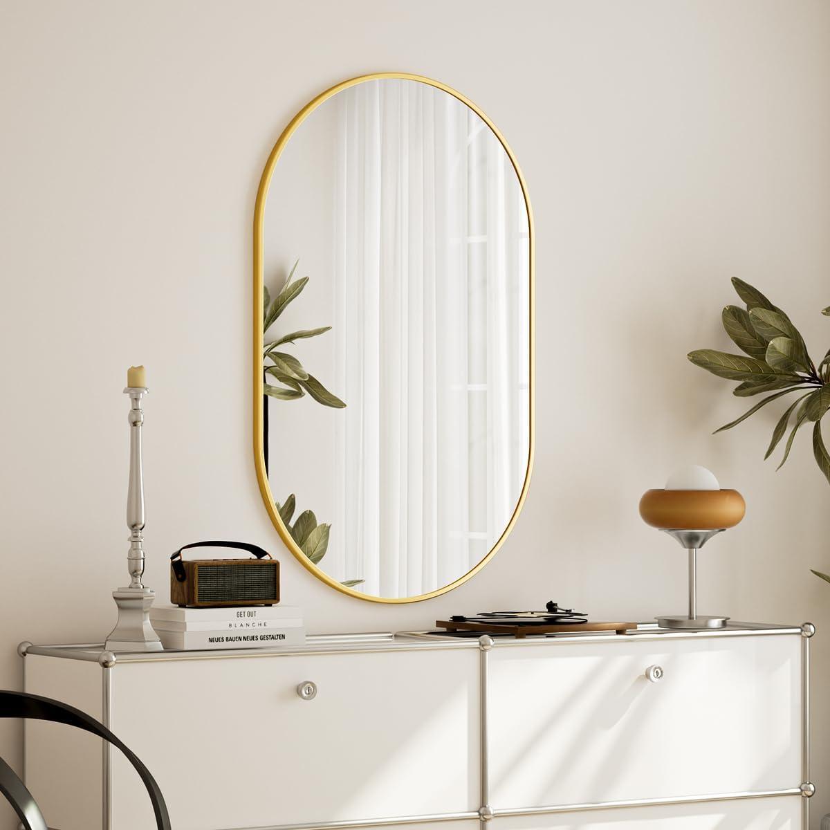 Gold Oval Wall Mirror with Metal Frame, 17" x 30"