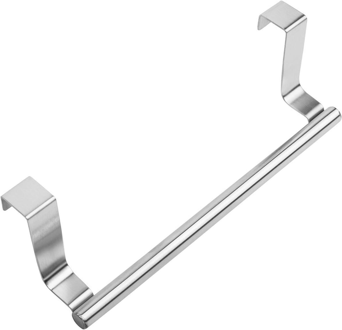 Modern Towel Bar with Hooks for Bathroom and Kitchen, Brushed Stainless Steel Towel Hanger Over Cabinet (9 inch)