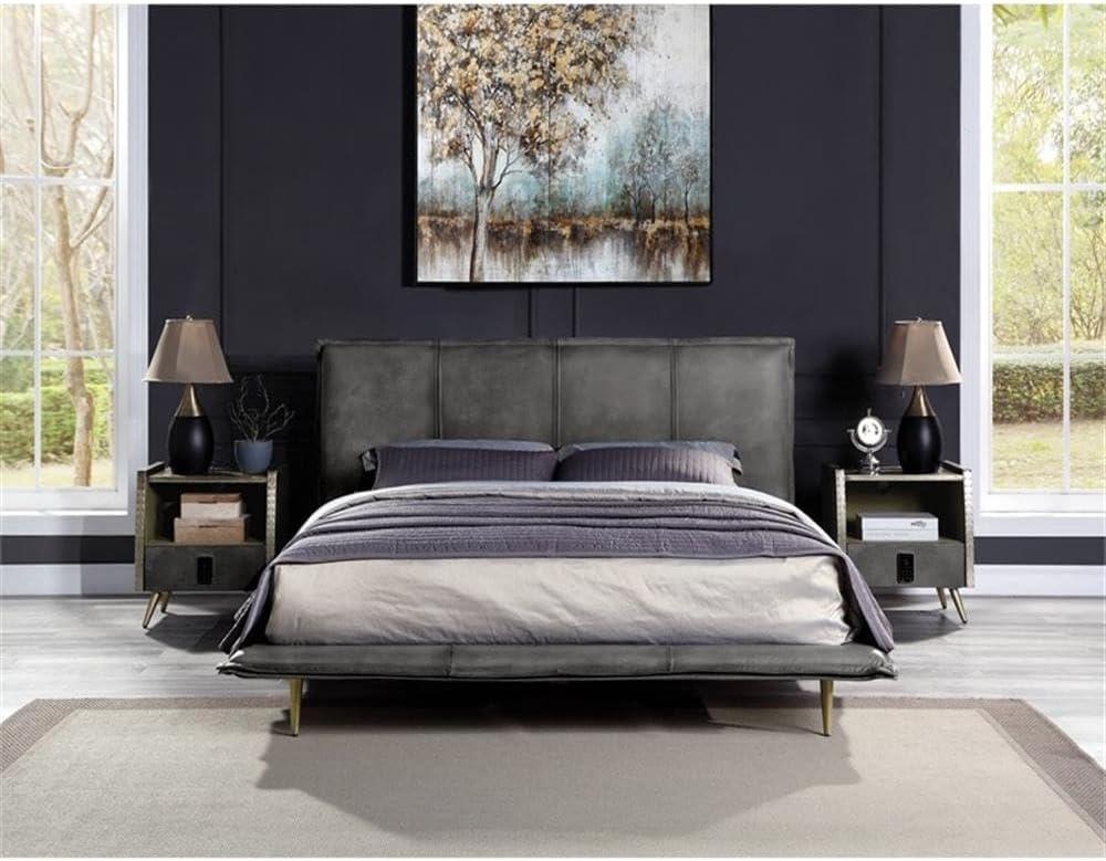 Metis Gray Top Grain Leather Upholstered Queen Bed with Metal Legs