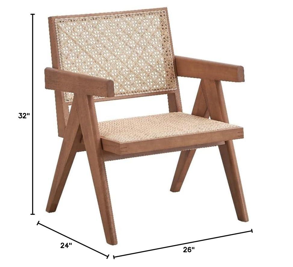 24" Velentina Accent Chair Rattan/Natural Finish - Acme Furniture: Leather Upholstery, Tufted, Wood Composite Frame