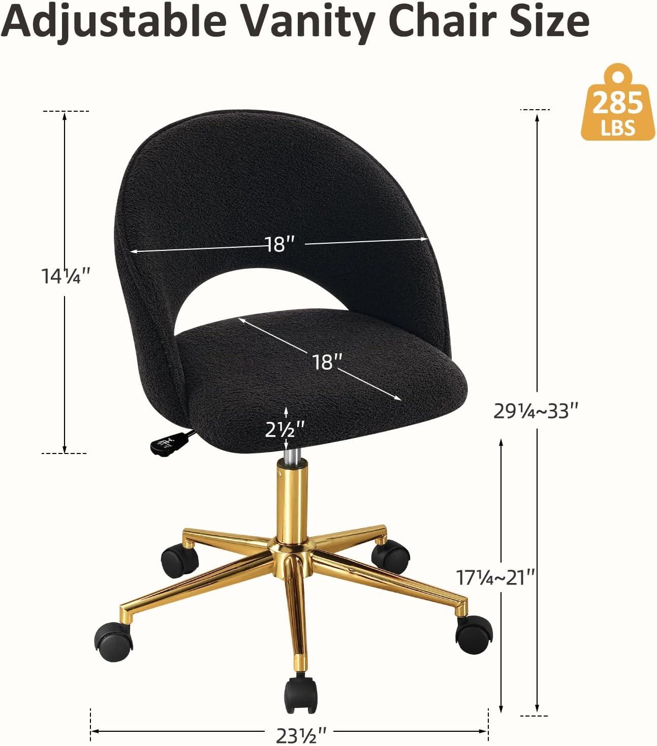 Furniliving Modern Rolling Mid-Back Armless Office Chair Swivel Upholstered Task Chair Open Curved Vanity Chair for Living Room Bedroom, Black