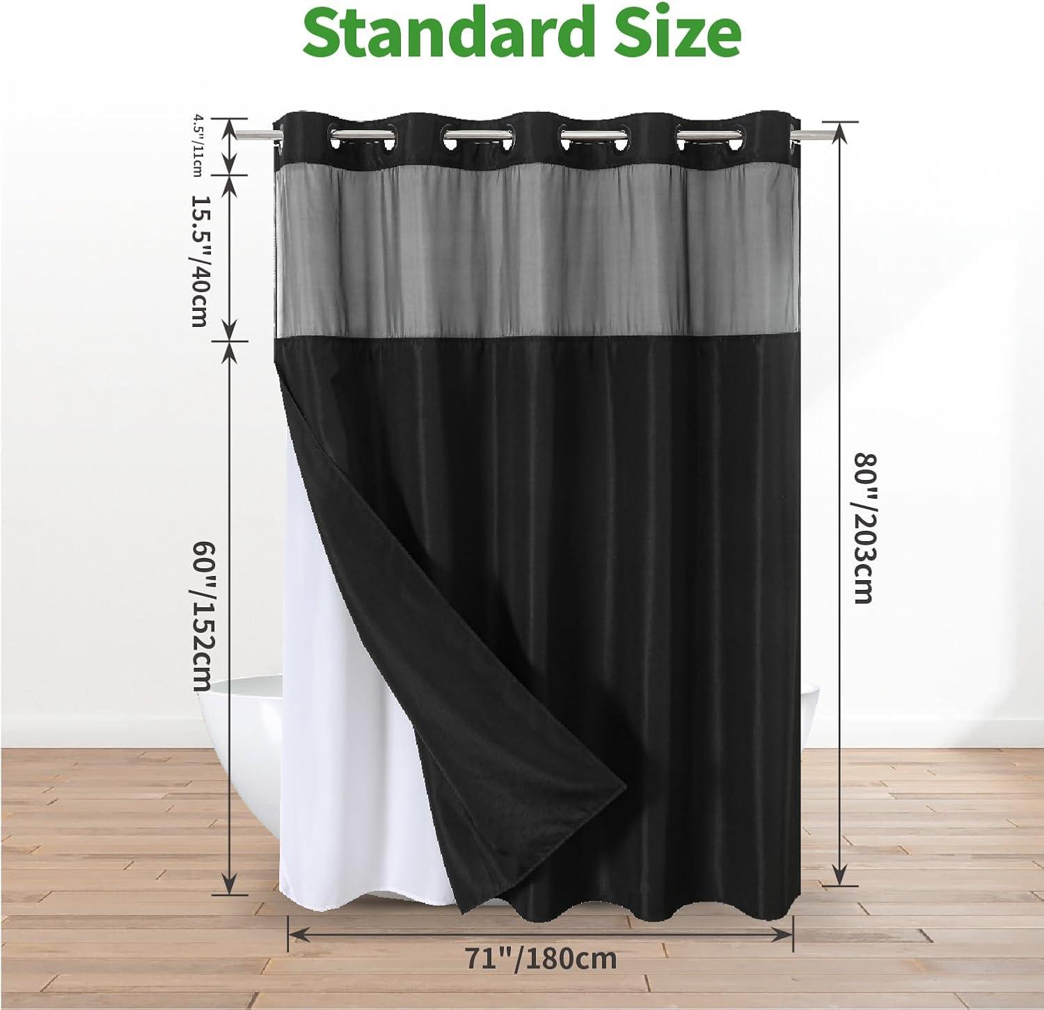 No Hooks Needed Linen Textured Shower Curtain with Snap-in Fabric Liner Set,with Mesh Top Window