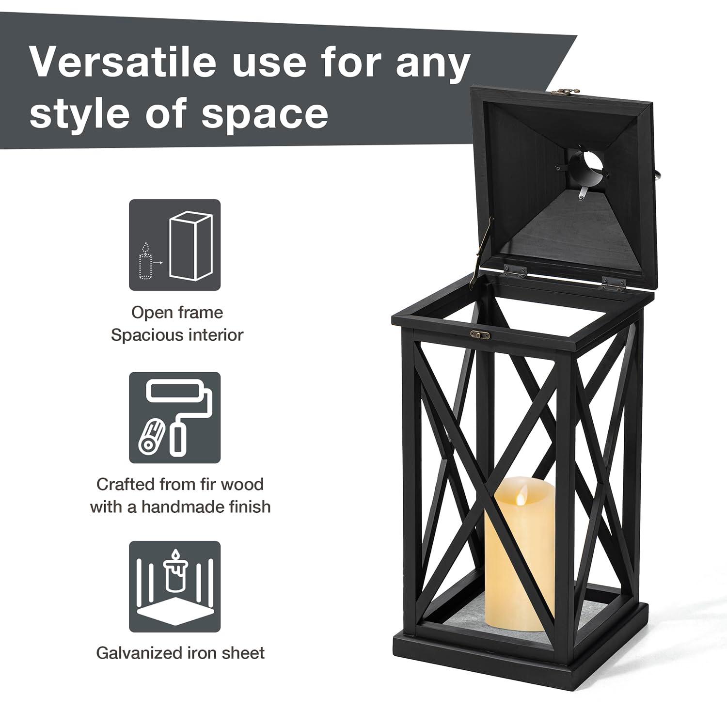 Glitzhome Modern Farmhouse Wooden Lantern Hanging Decorative Candle Lantern for Outdoor & Indoor Black Set of 2 (No Glass)