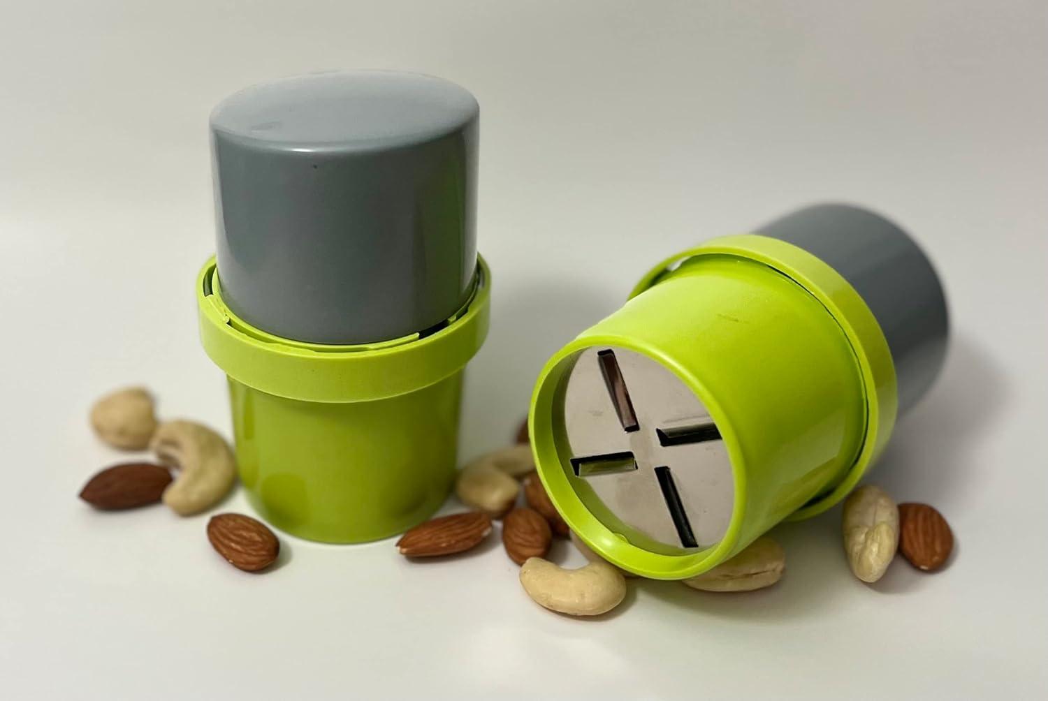 Compact Green and Gray Manual Nut Chopper with Stainless Steel Blades