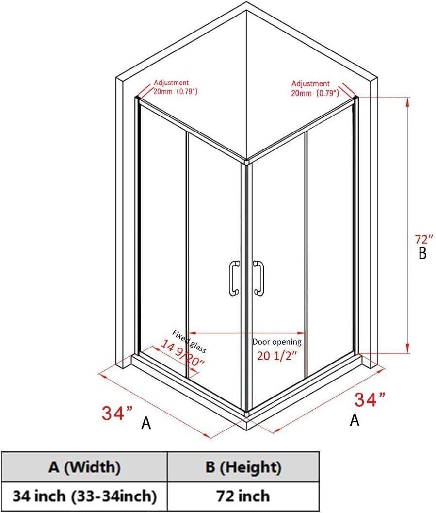 Elegant 34 x 34 x 72 inch Framed Square Shower Enclosure with Double Sliding Shower Door and 1/4''Tempered Glass