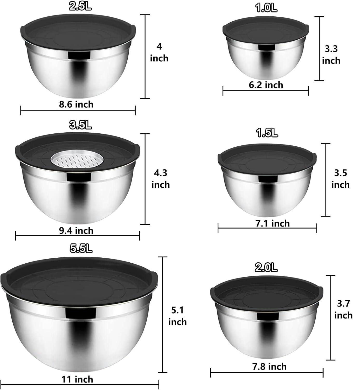 stusgo 6 Pcs Mixing Bowls with Lids,Stainless Steel Mixing Bowls with 3 Grater Attachments,Non-Slip Bottoms,Kitchen Utensils,Mixing Bowl Set for Kitchen Mixing Baking Prepping Cooking Serving,Black