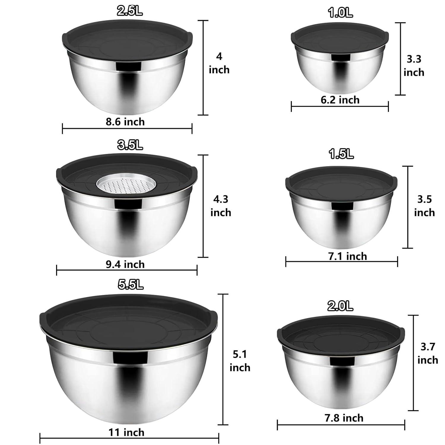 6-Piece Black Stainless Steel Mixing Bowl Set with Lids and Graters