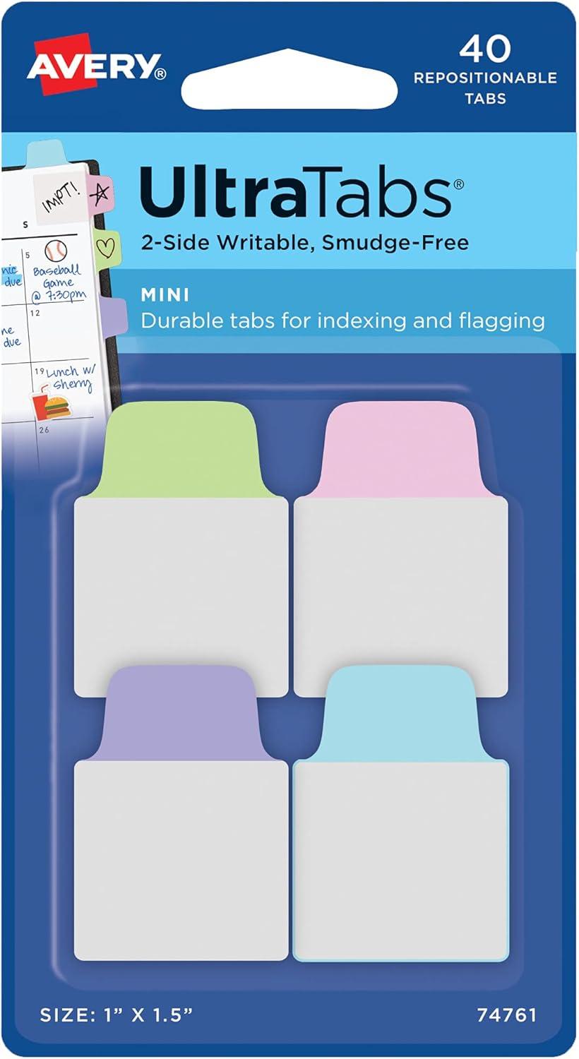 Mini Pastel Repositionable Writable Tabs, 1" x 1.5", 40-Pack