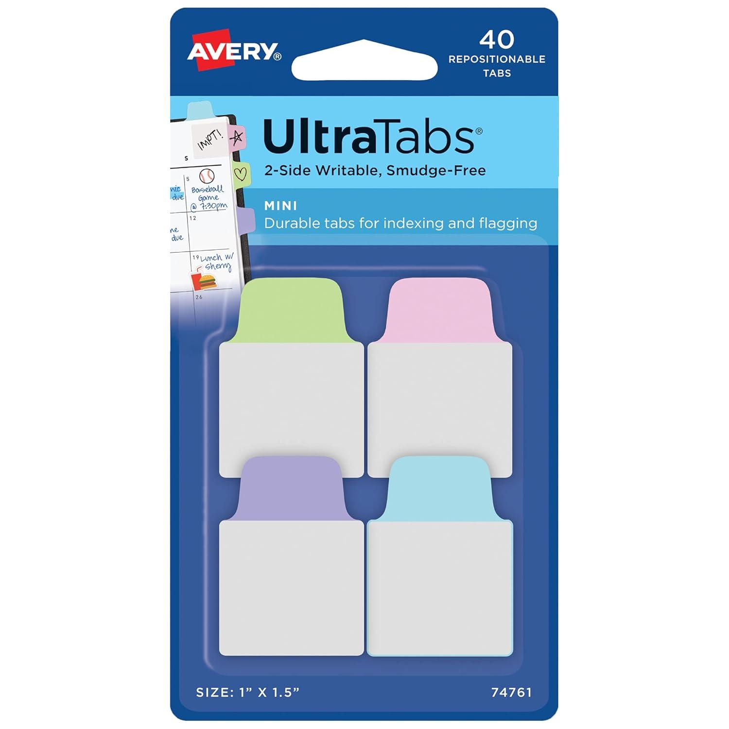 Avery Mini Ultra Tabs, 1" x 1.5", 2-Side Writable, Pastel Colors, 40 Repositionable Tabs, 72 Packs (74761)