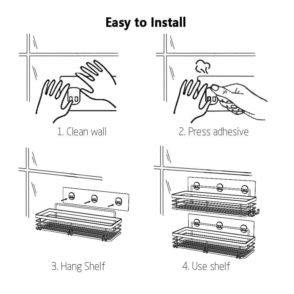 Orimade Shower Caddy with 5 Hooks for Hanging Razor and Sponge Adhesive Shower Shelf Basket Bathroom Storage Organizer Kitchen Rack No Drilling Stainless Steel Rustproof - 2 Pack,Black