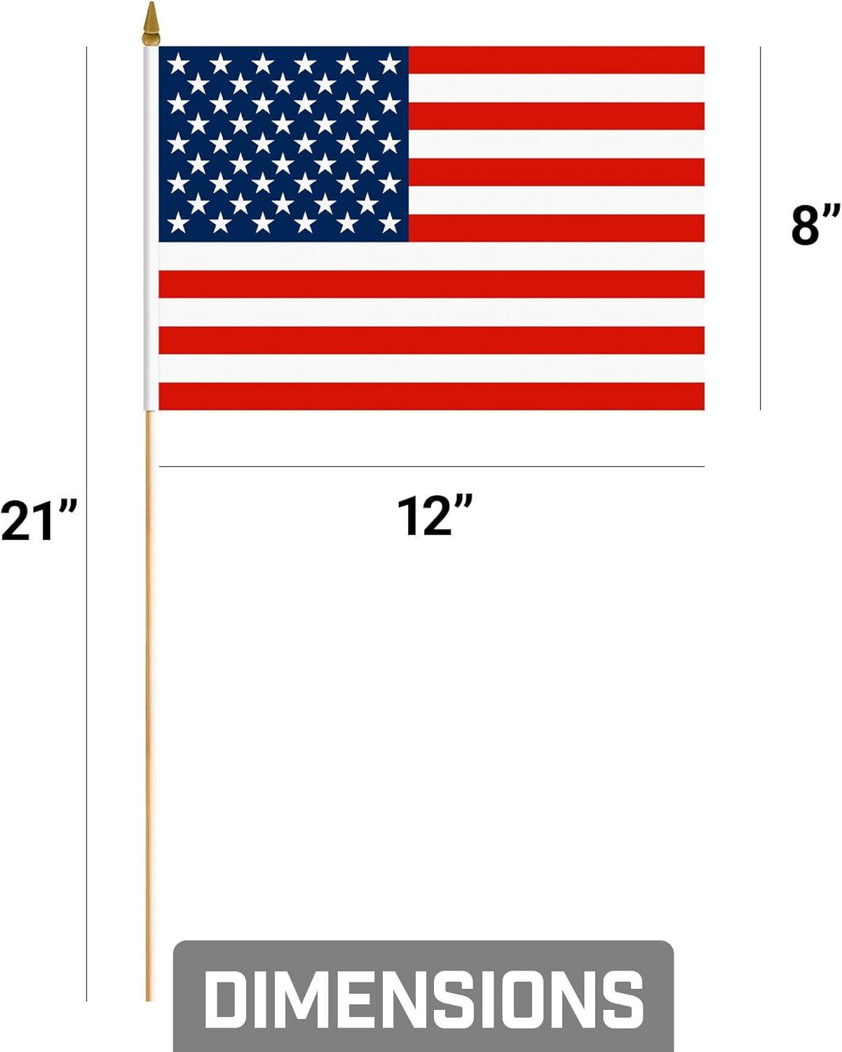 G128 12 Pack Handheld American USA Stick Flags | 8x12 In | Printed 150D Polyester, Country Flag, Solid Wooden Stick, Spear Gold Tip, Great for Patriotic Decorations
