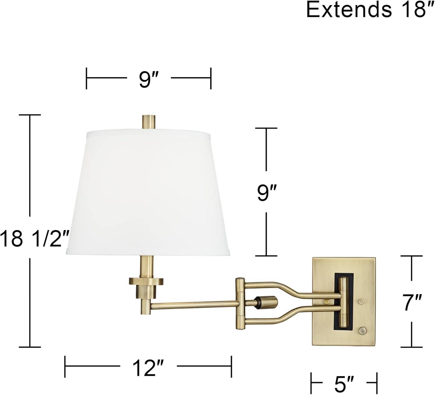 Barnes and Ivy Eleganta Vintage Swing Arm Wall Lamps Set of 2 Brushed Satin Brass Plug-In Light Fixture White Linen for Bedroom