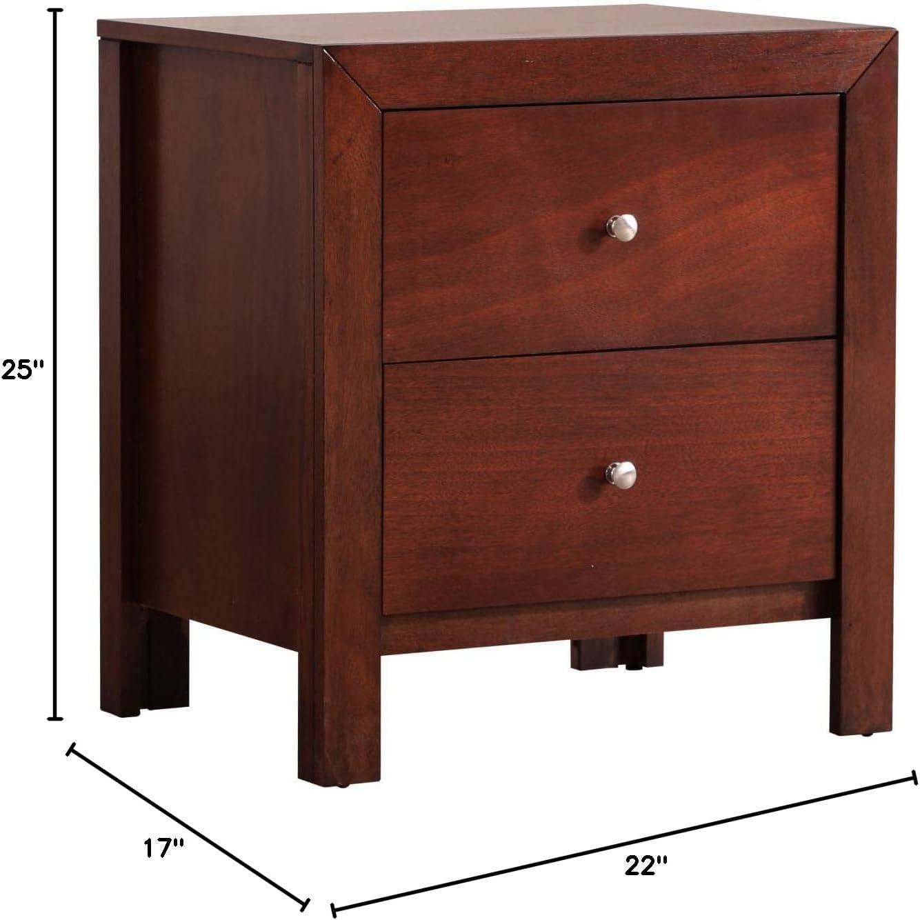 Cherry Wood 2-Drawer Nightstand with Silver Knobs