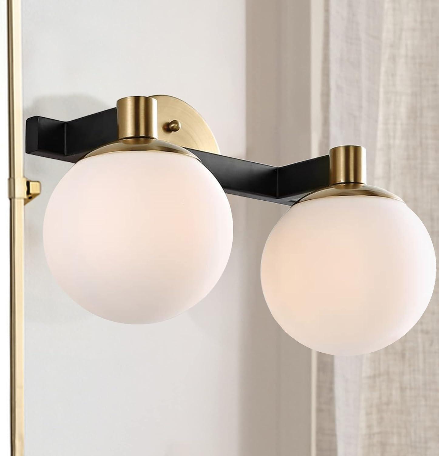 Modernist Globe 15.25" 2-Light Metal/Frosted Glass Modern Contemporary LED Vanity, Brass Gold/Black