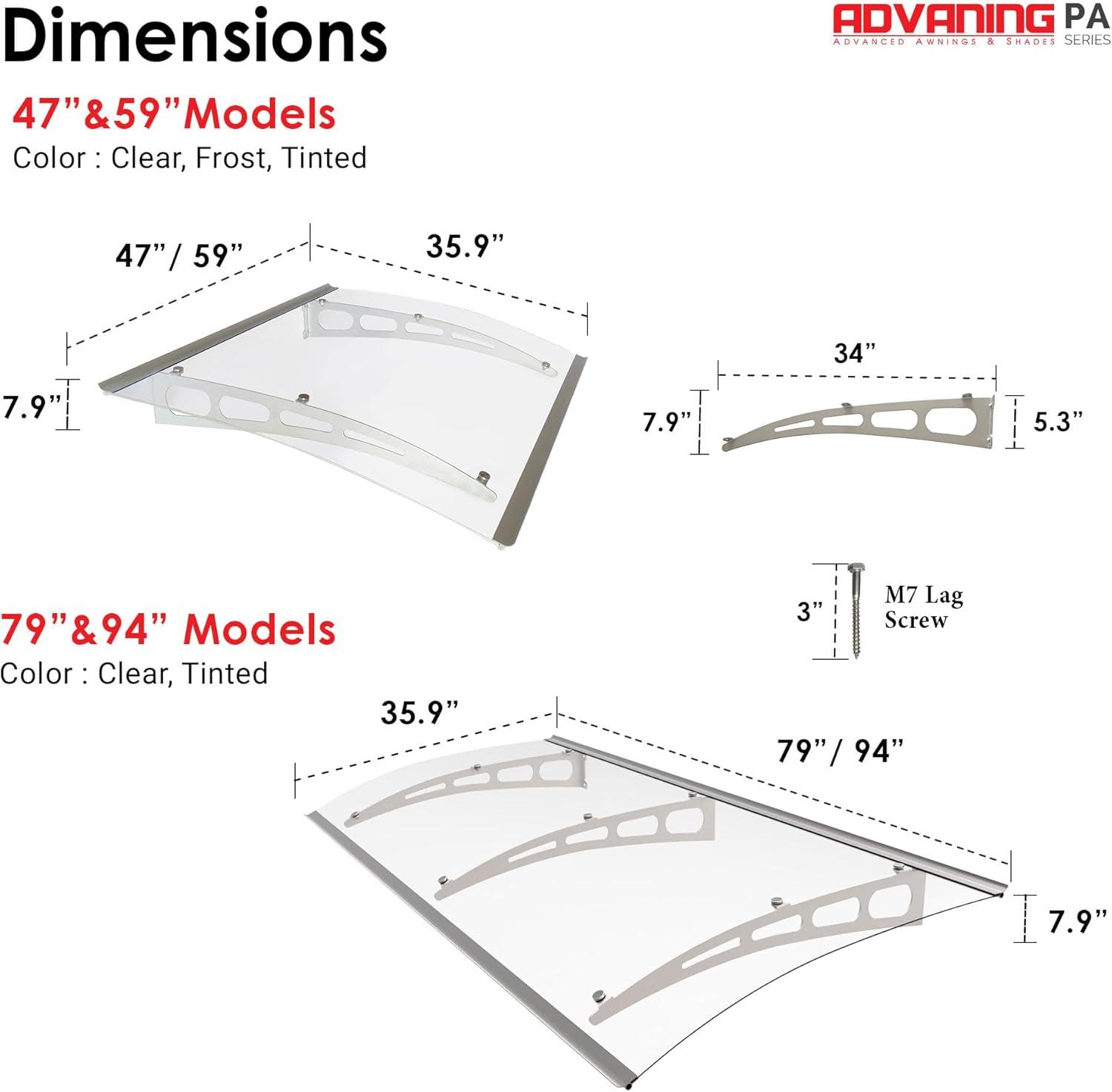 PA Series 2' 11 13/32" D Convex Door Awning