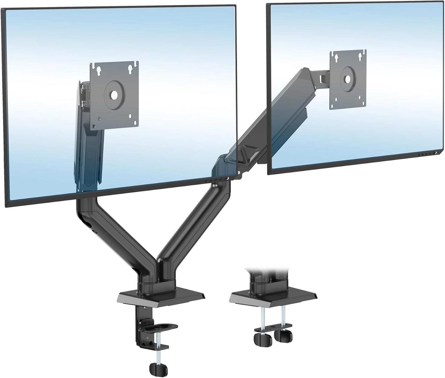 Mount-It! Full Motion Dual Monitor Mount with Spring Arms, 17 in. to 32 in. with Tilt, Rotation, Swivel, Height Adjustment, Clamp or Grommet, Black