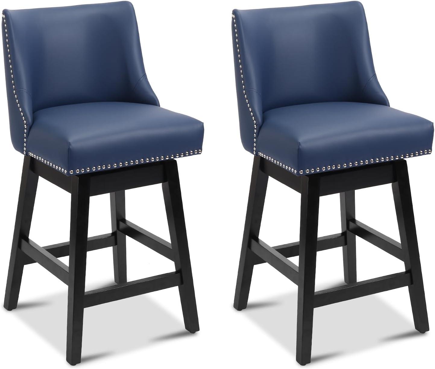 Swivel Bar Stools Set of 2 with Thicker Wood Legs,26" Counter Height Bar Stools,Faux Leather,Blue