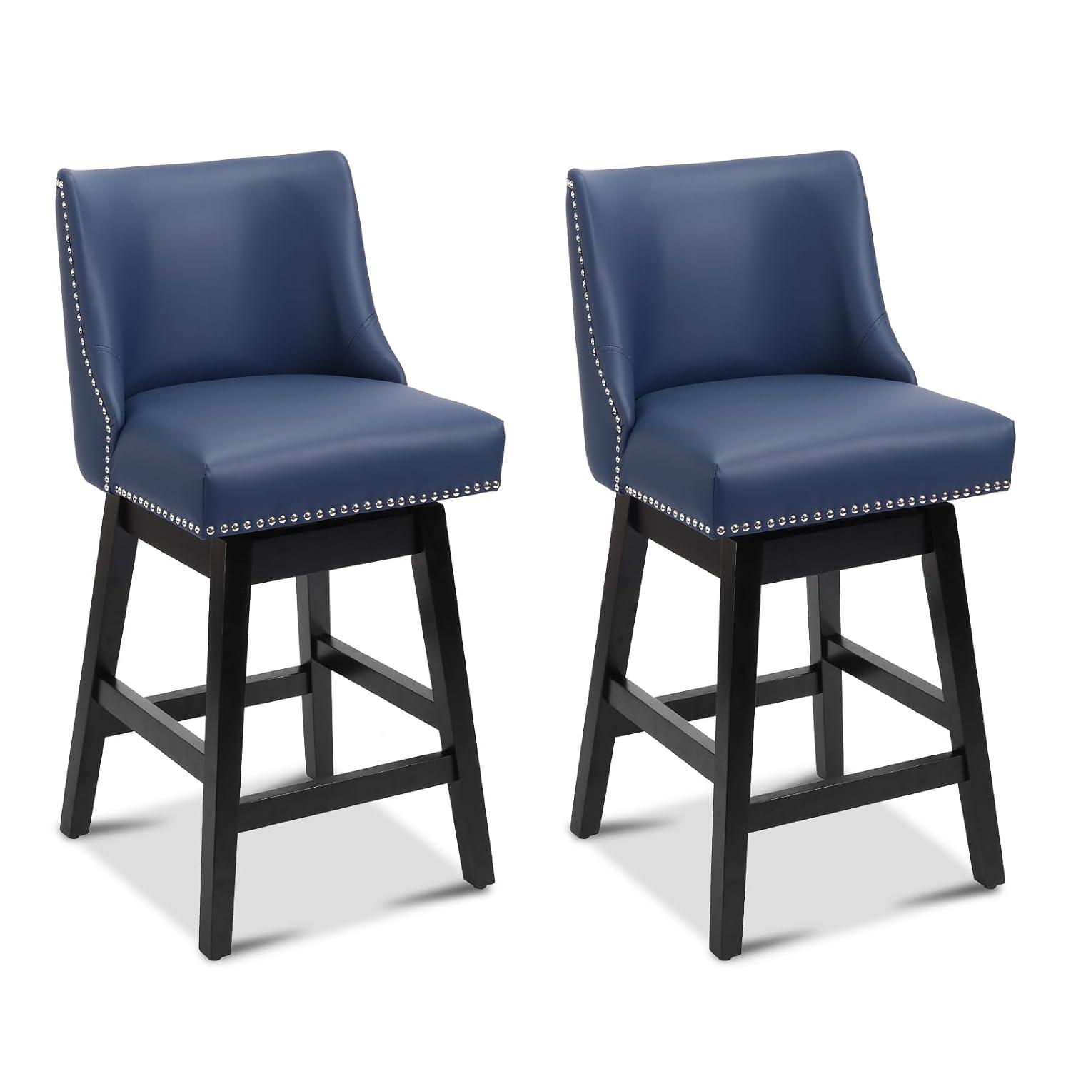 Swivel Bar Stools Set of 2 with Thicker Wood Legs,26" Counter Height Bar Stools,Faux Leather,Blue