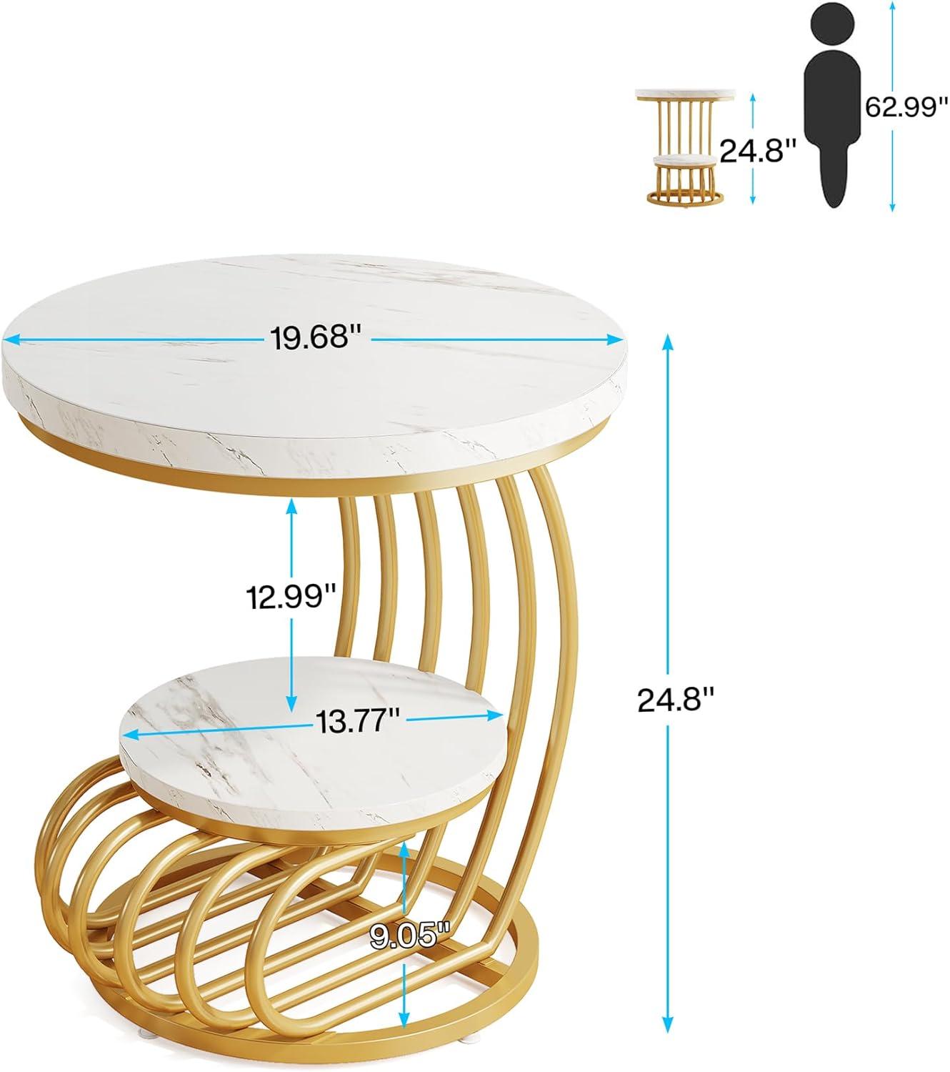 Hommoo Round End Table, 2 Tiers Faux Marble Side Table with Storage Shelf White & Gold