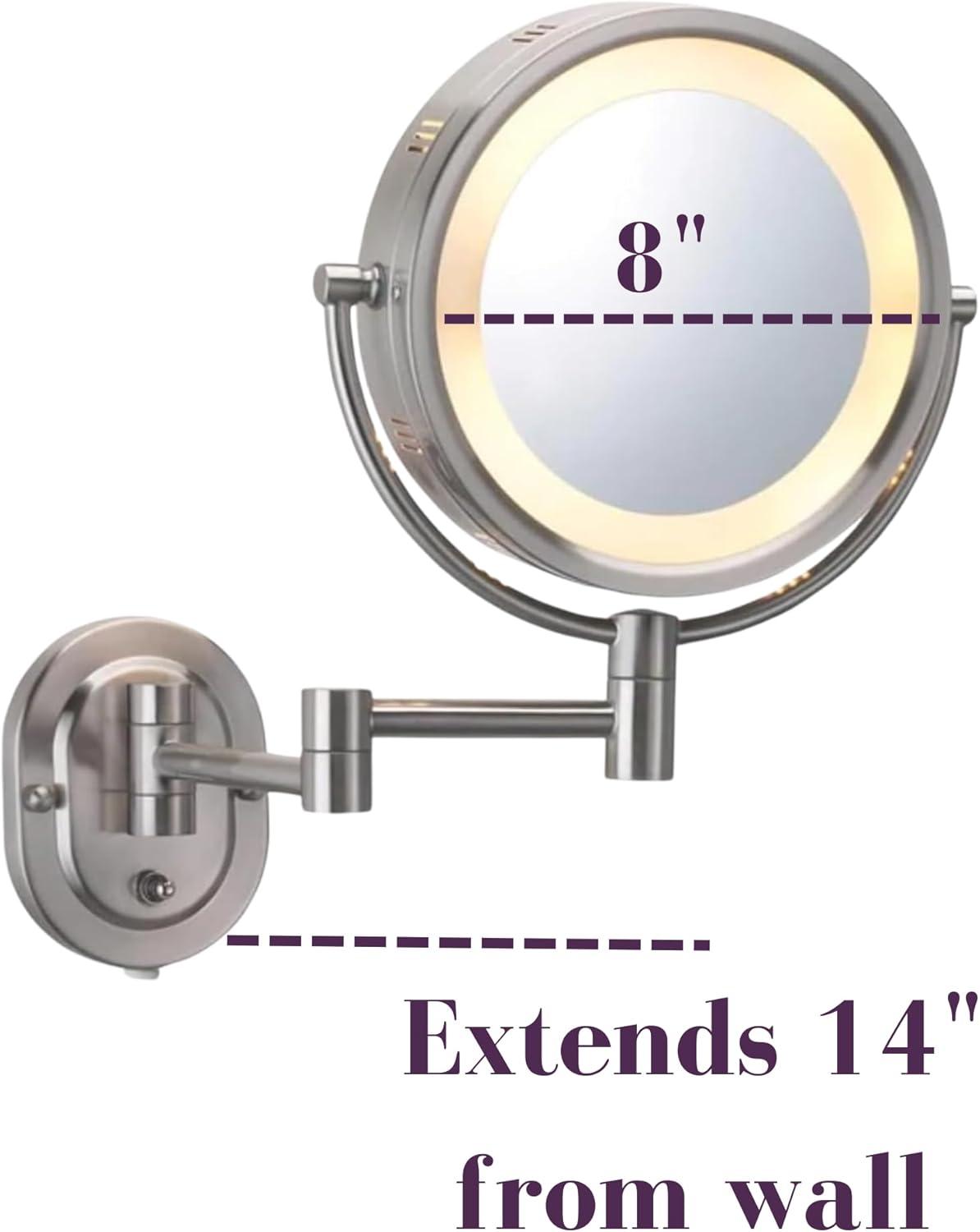 Jerdon 8-inch Two-Sided Lighted Makeup Mirror, 5X-1X Magnification - Plug in - Nickel Finish - Model HL65N