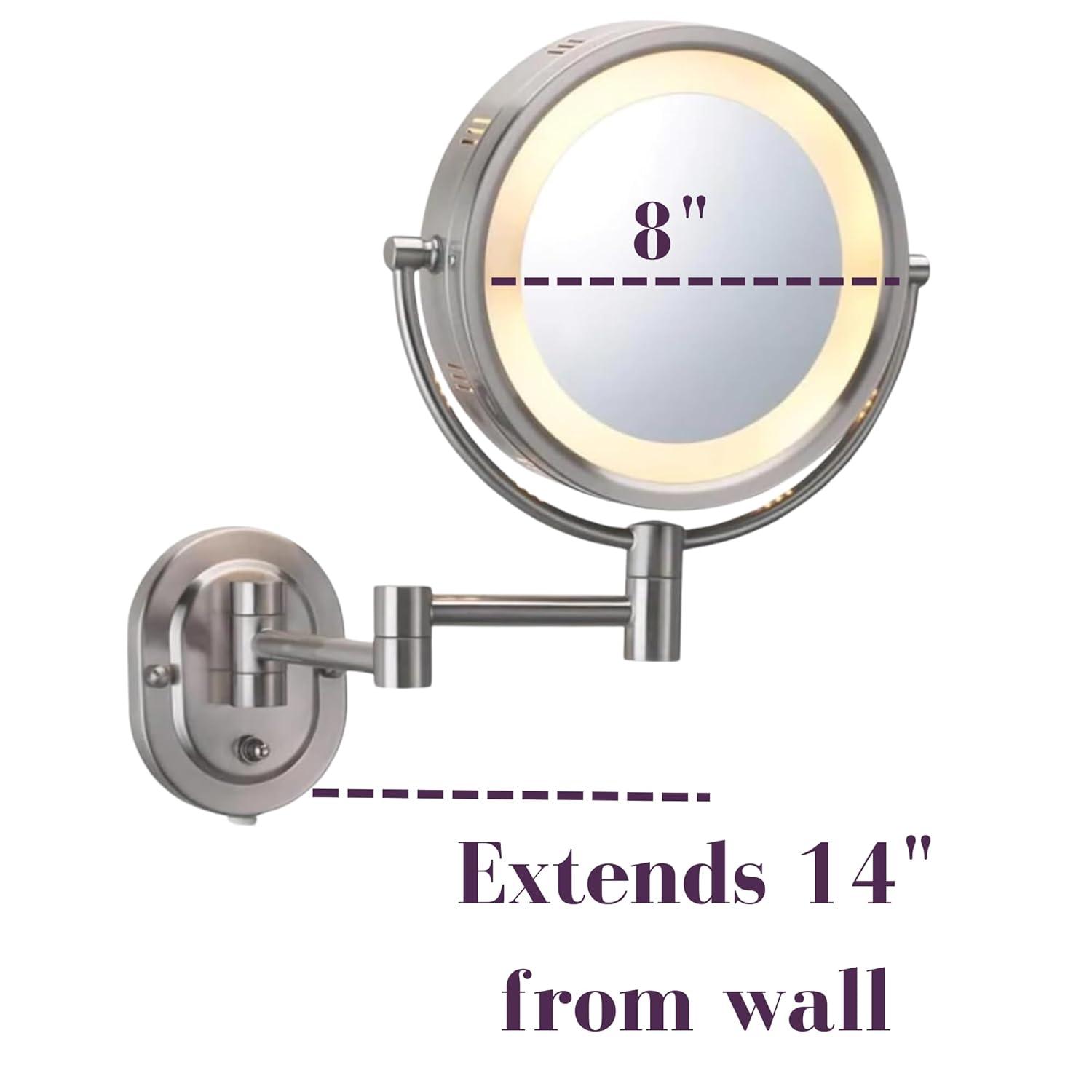 Jerdon 8-inch Two-Sided Lighted Makeup Mirror, 5X-1X Magnification - Plug in - Nickel Finish - Model HL65N