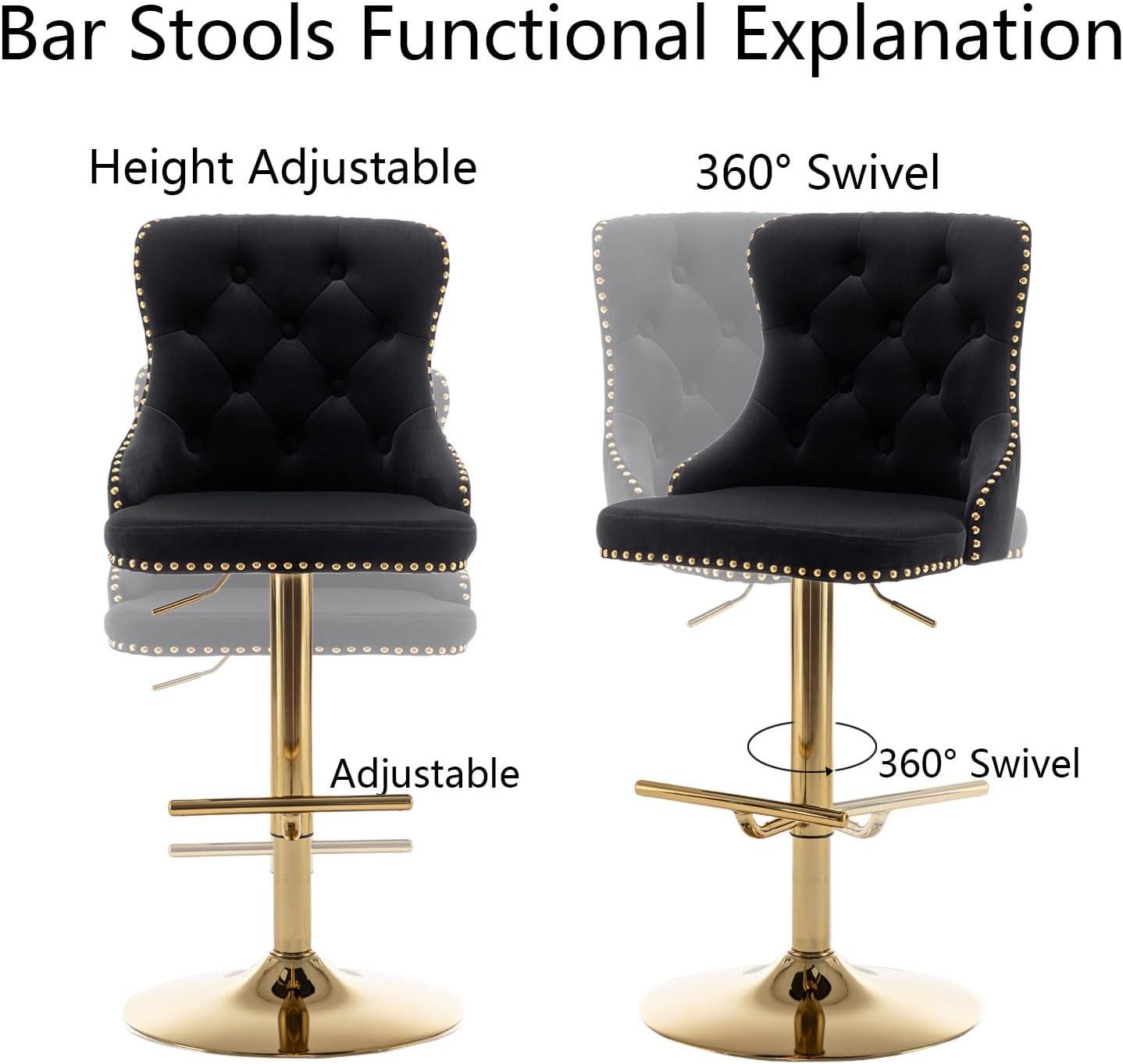 Black Velvet Adjustable Swivel Bar Stools with Gold Base