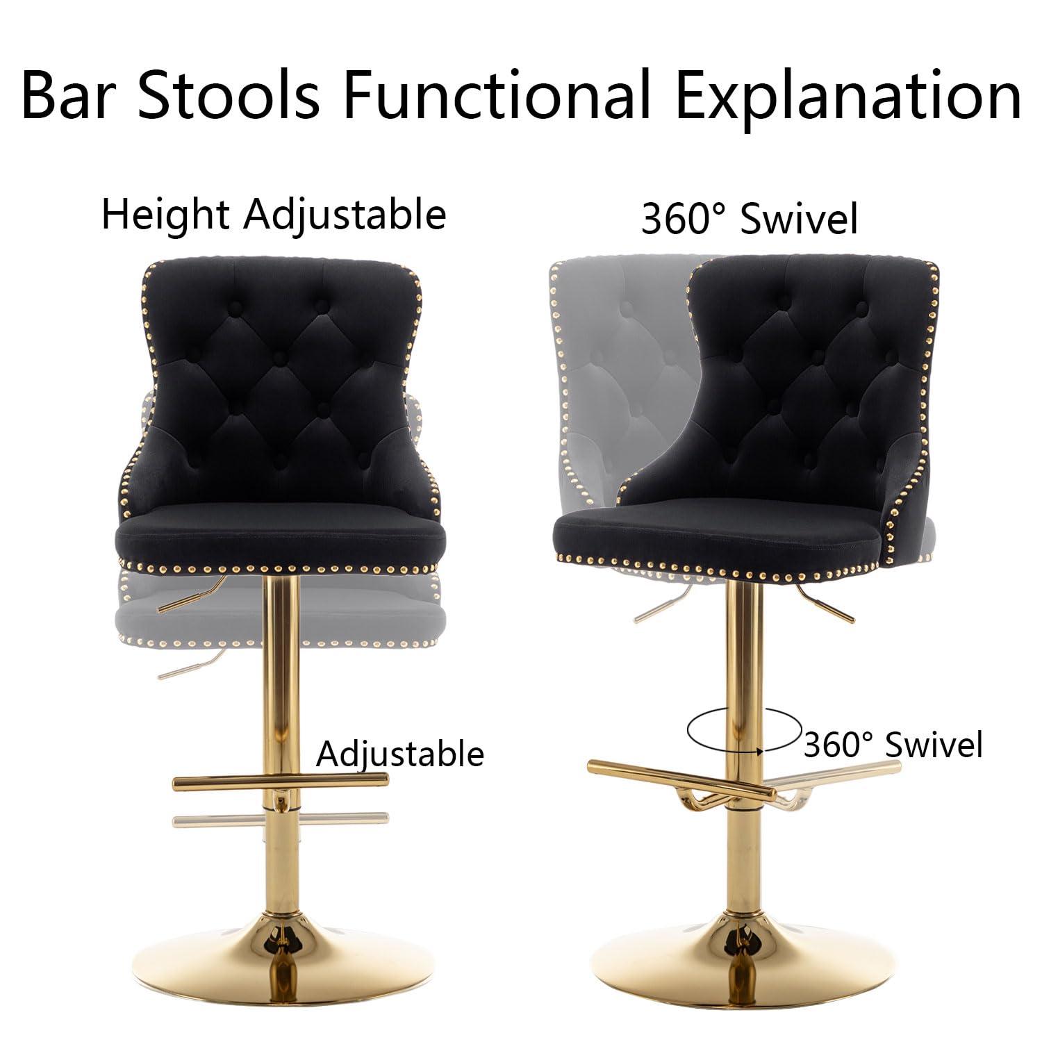 Gold Velvet Bar Stools Set of 2, Swivel Counter Height Bar Stools with Nailheads Trim and Button, Adjustable Barstools for Kitchen Island, Pub, Club (Black)