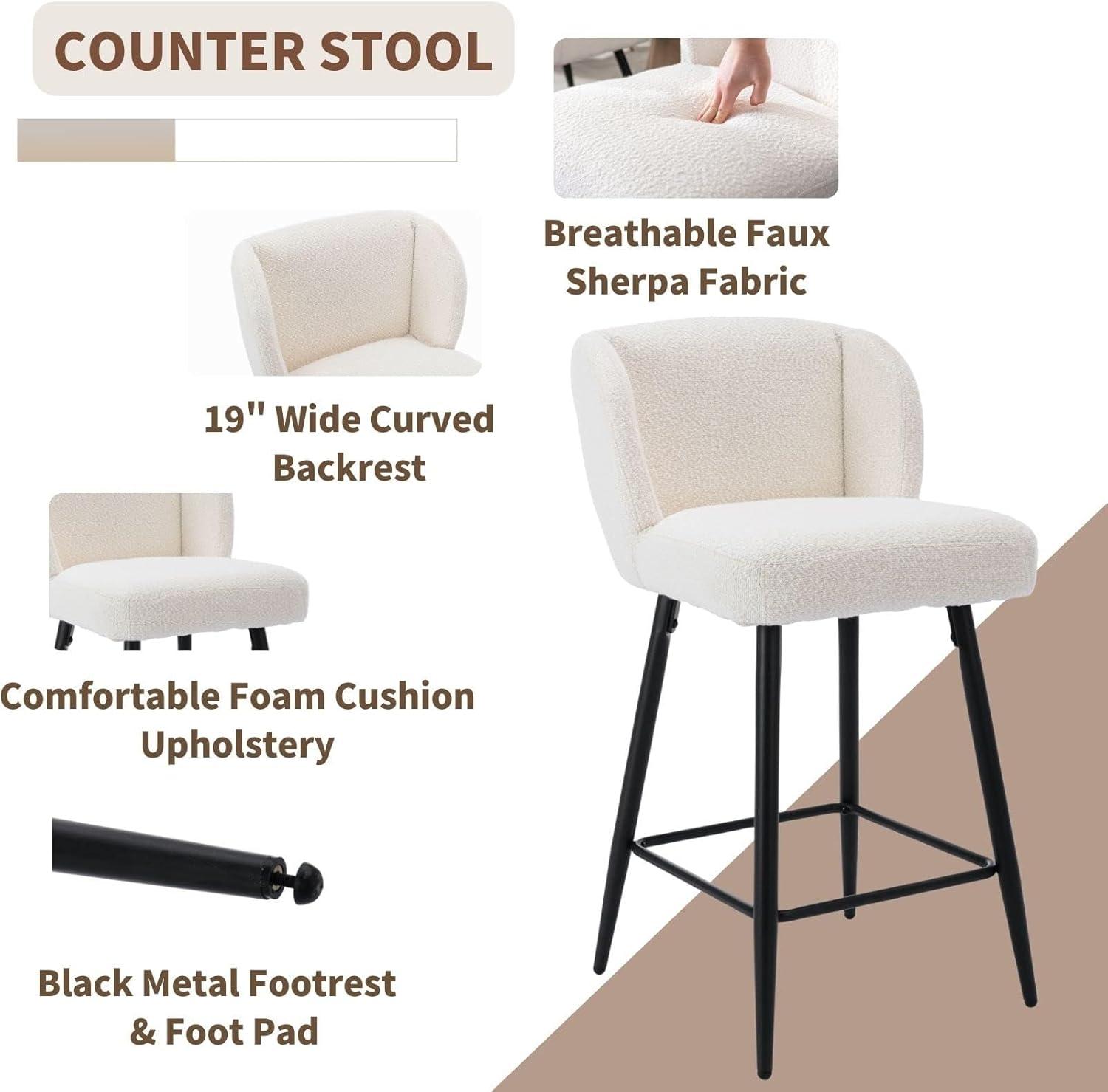 Modern Counter Height Bar Stools Set of 2, 26 Inch Faux Sherpa Upholstered Bar Stools with Back, 18" Seat Wide Island Stools with Black Metal Frame for Kitchen Counter/Breakfast Bar/Restaurant, White