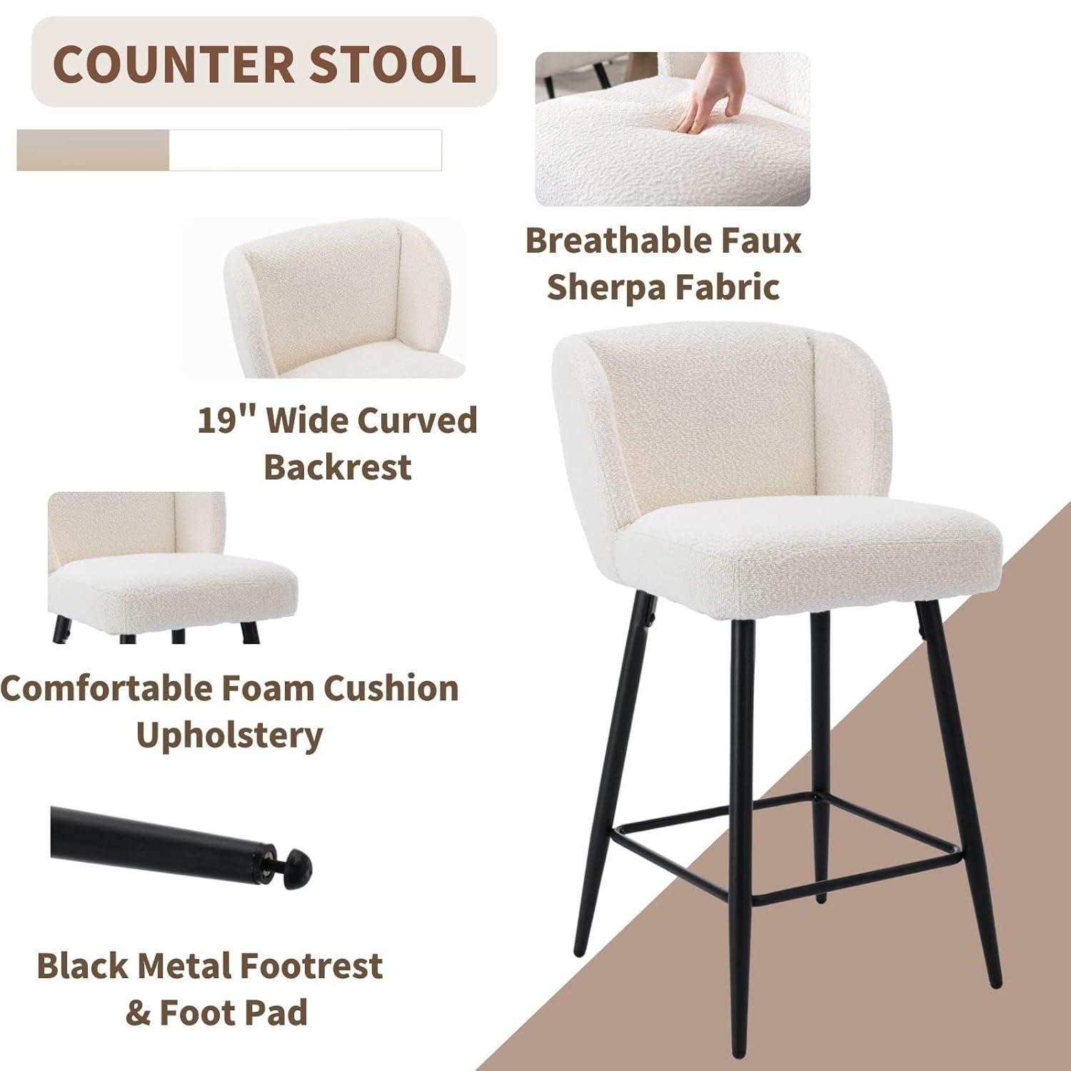 Modern Counter Height Bar Stools Set of 2, 26 Inch Faux Sherpa Upholstered Bar Stools with Back, 18" Seat Wide Island Stools with Black Metal Frame for Kitchen Counter/Breakfast Bar/Restaurant, White