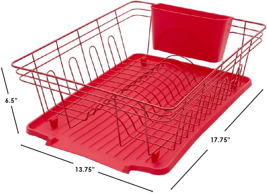 Red Metal Single Tier Dish Rack with Utensil Cup