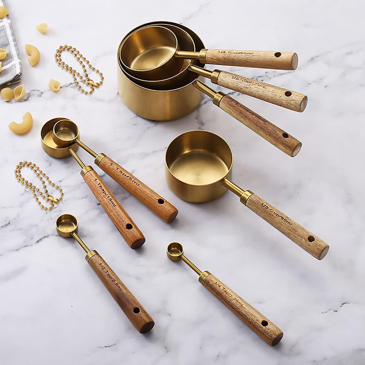 ODOMY 8Pcs Measure Cup and Spoon Set Gold Measuring Cup Spoon Set with Wooden Handle Stainless Steel Stackable Kitchen and Baking Measurement Kitchen Accessories for Home Kitchen Party