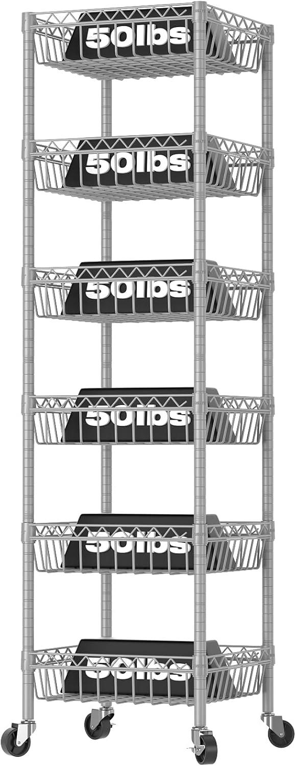 6 Tier Wire Shelving Unit with Baskets Storage Rack Corner Shelf Shelving Adjustable Storage Shelf, 13.4" D x 13.4" W x 62.6" H,Silver