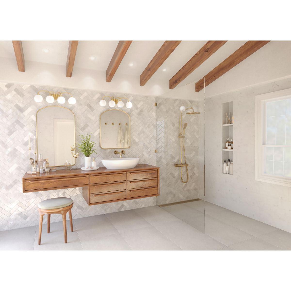 Progress Lighting Carisa 4-Light Bath Wall Light, Vintage Gold, White Glass Globes