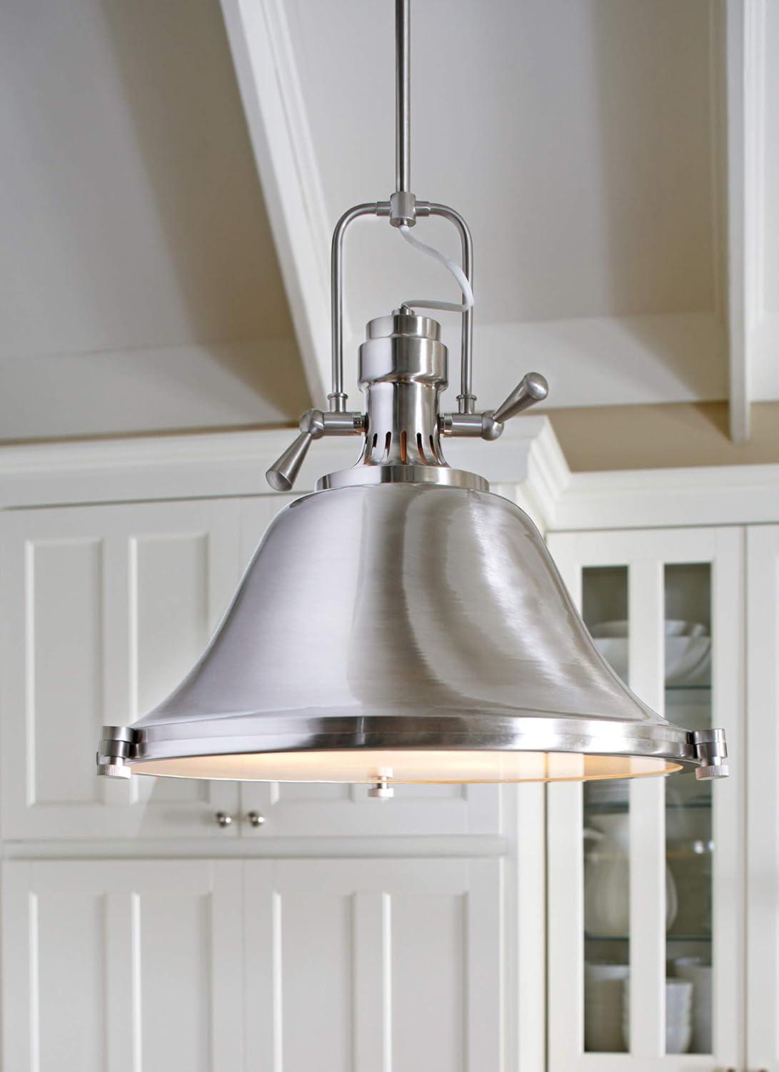 Brushed Nickel Industrial Pendant Light with Satin Etched Glass Shade