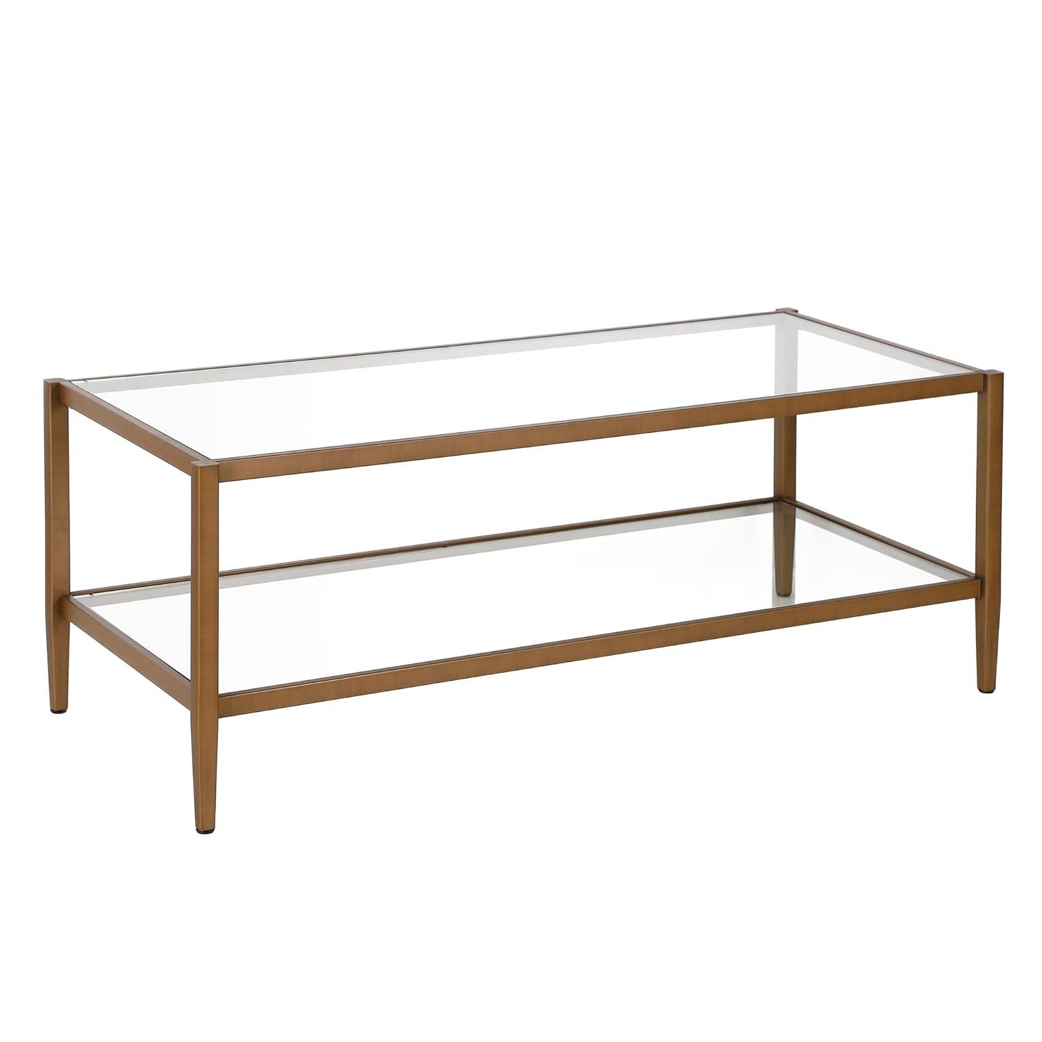 Modern Rectangle Coffee Table in Brass and Gold with Mirrored Shelf - Henn&Hart