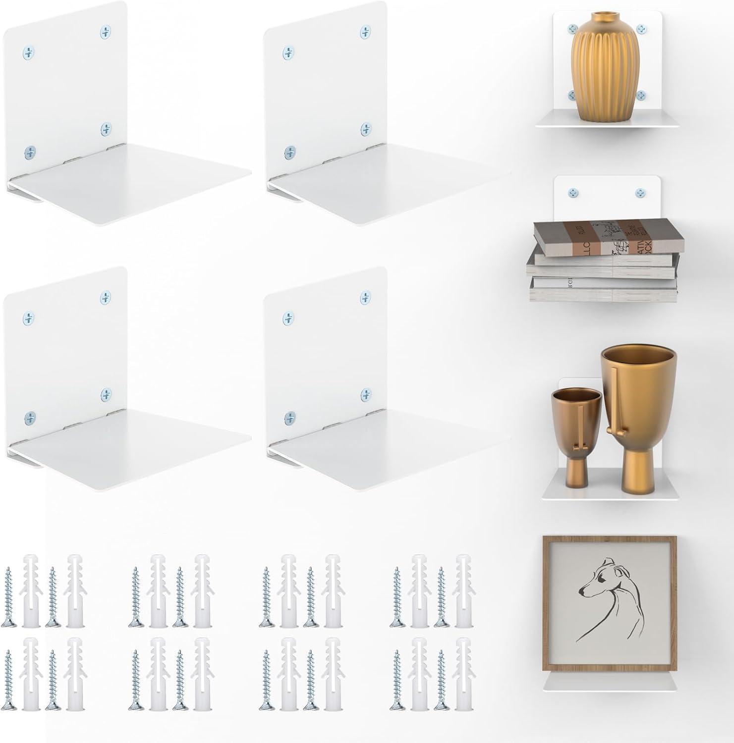 Eapele Invisible Floating Bookshelf, Heavy-Duty Hanging Bookshelves, Steel Constructed Wall Mounted Hidden Bookshelf with Mounting Hardware, 4PCS White