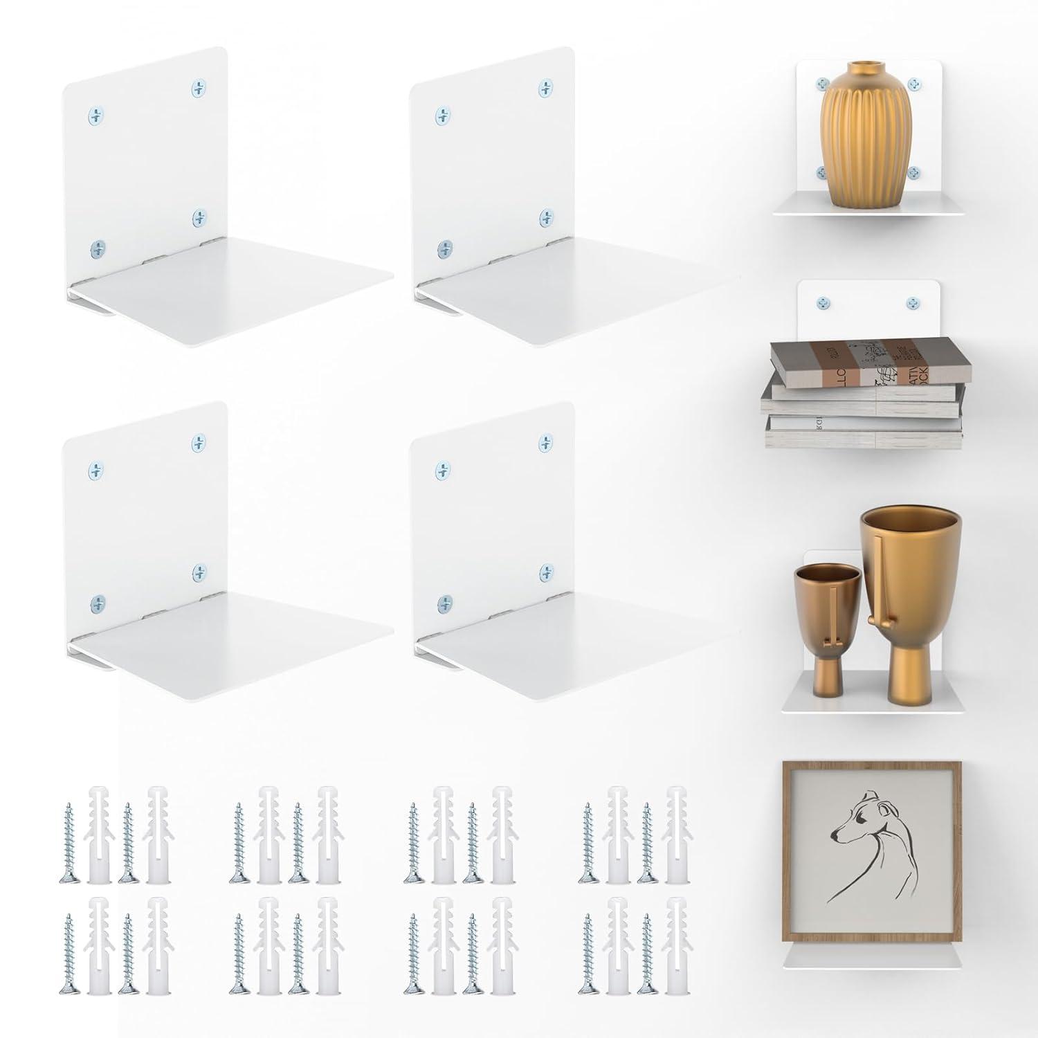 Eapele Invisible Floating Bookshelf, Heavy-Duty Hanging Bookshelves, Steel Constructed Wall Mounted Hidden Bookshelf with Mounting Hardware, 4PCS White