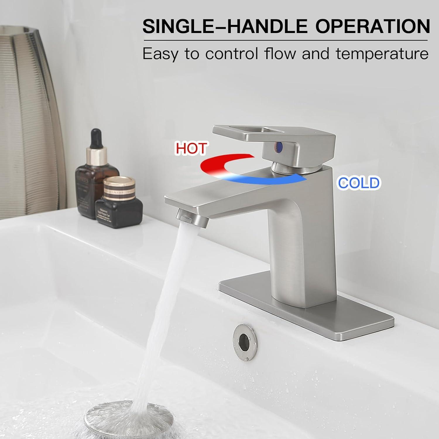 Brushed Nickel Single Handle Bathroom Faucet with Pop-Up Drain