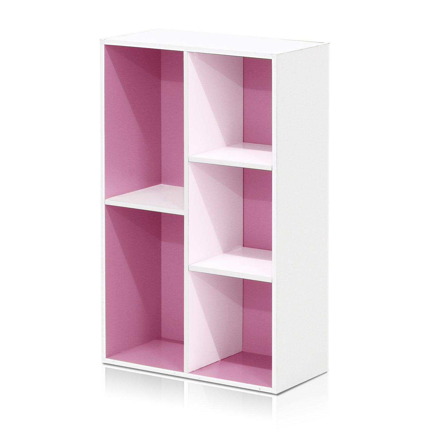 Furinno 5-Cube Reversible Open Storage Bookcase Toy Storage Cabinet Organizer,White/Pink