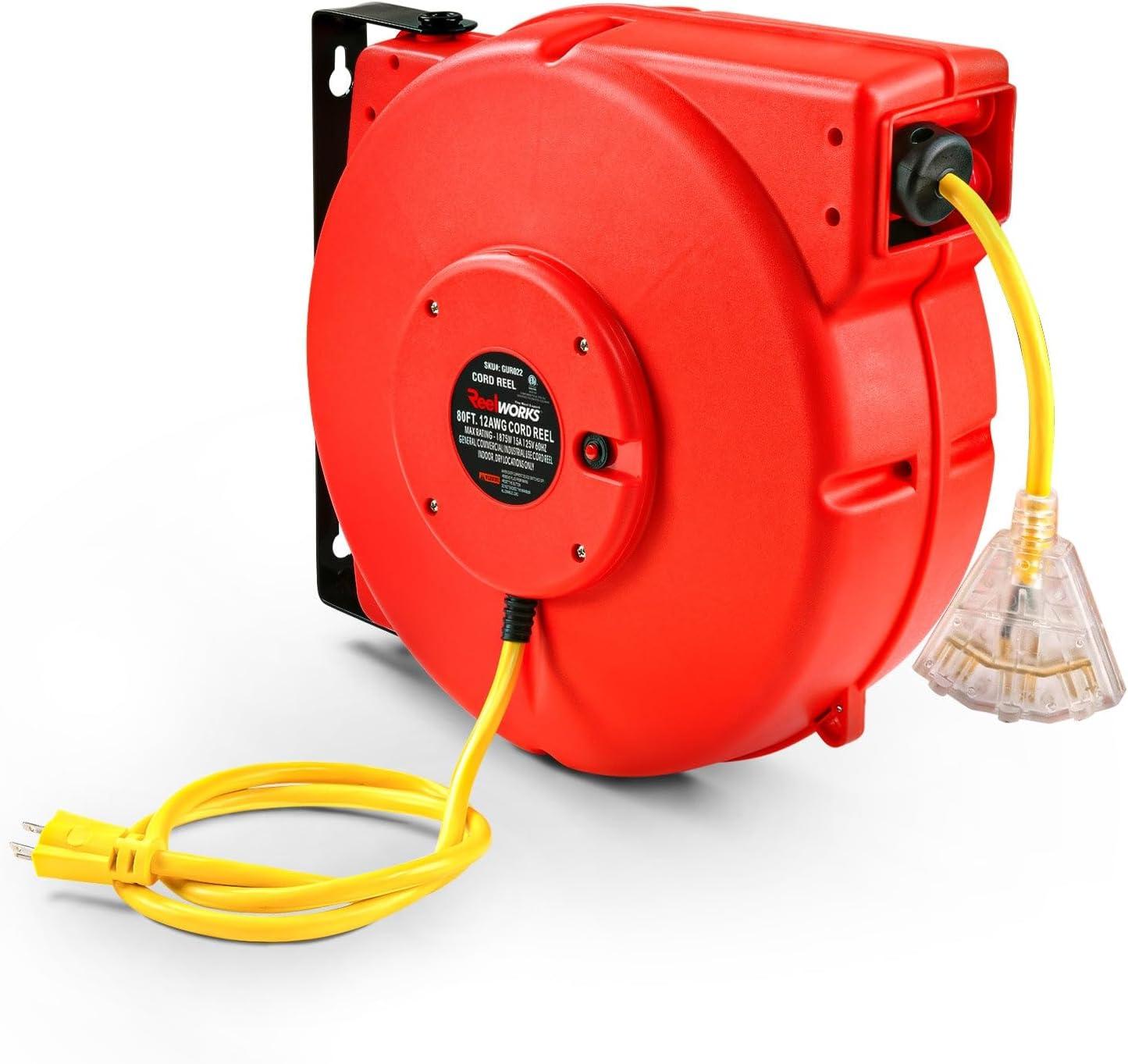 ReelWorks Mountable Retractable Extension Cord Reel - 12AWG x 80' Ft, 3 Grounded Outlets, Max 15A