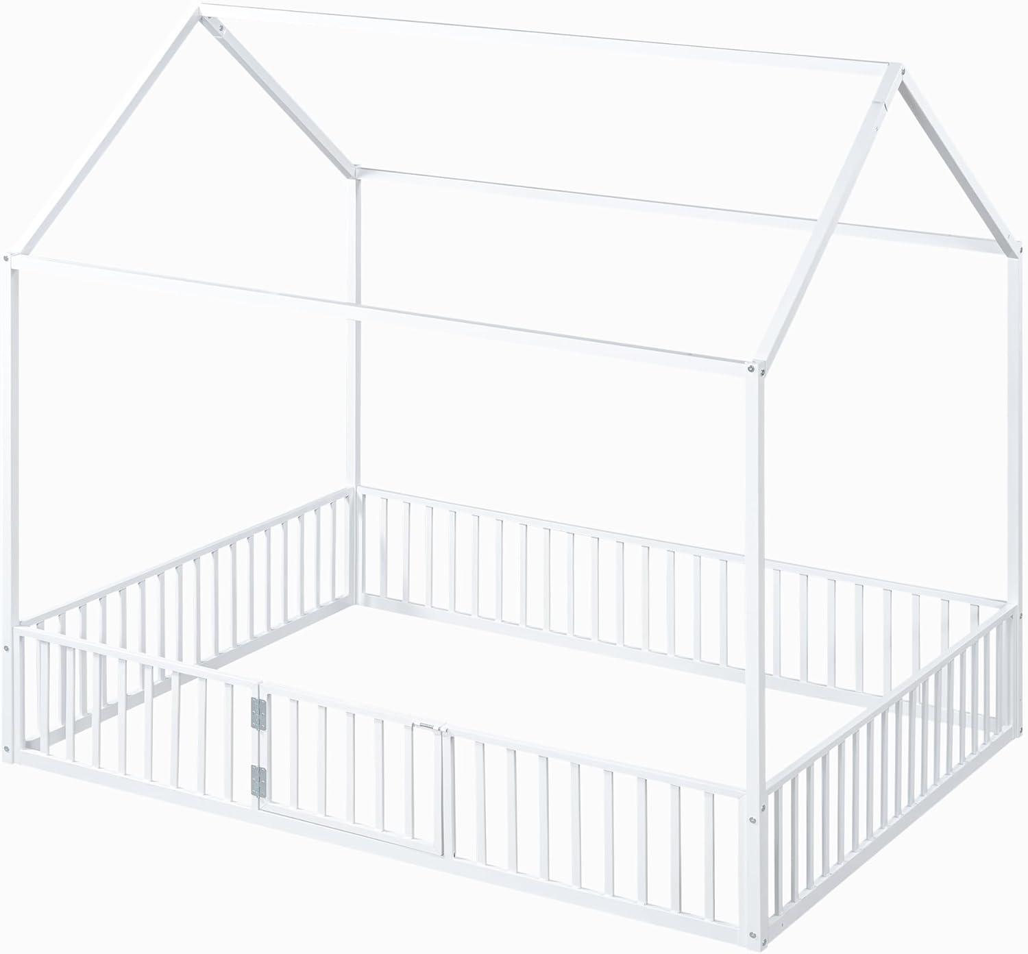 Full Floor Bed with Door and Fence, Metal Montessori Bed Full Size, Kids Montessori Floor Bed with Roof/House for Kids, Girls, Boys, White