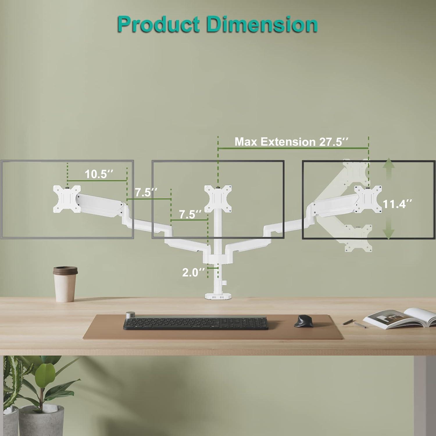 White Triple Monitor Desk Mount with Gas Spring Arm