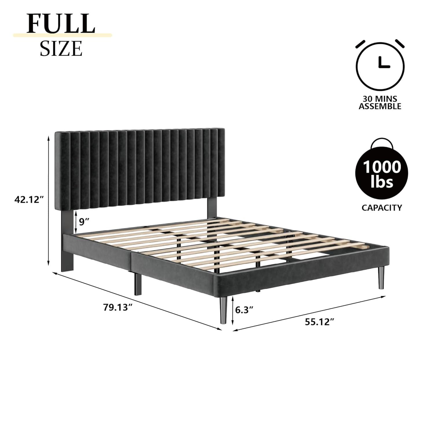 Full Size Bed Frame with Velvet Upholstered Headboard, Platform Bed with Strong Wood Slats, Mattress Foundation, Box Spring Optional, Easy Assembly, Black