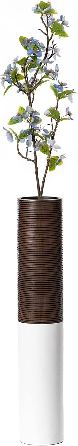 Modern Tall Decorative White and Brown Ribbed Cylinder Floor Vase