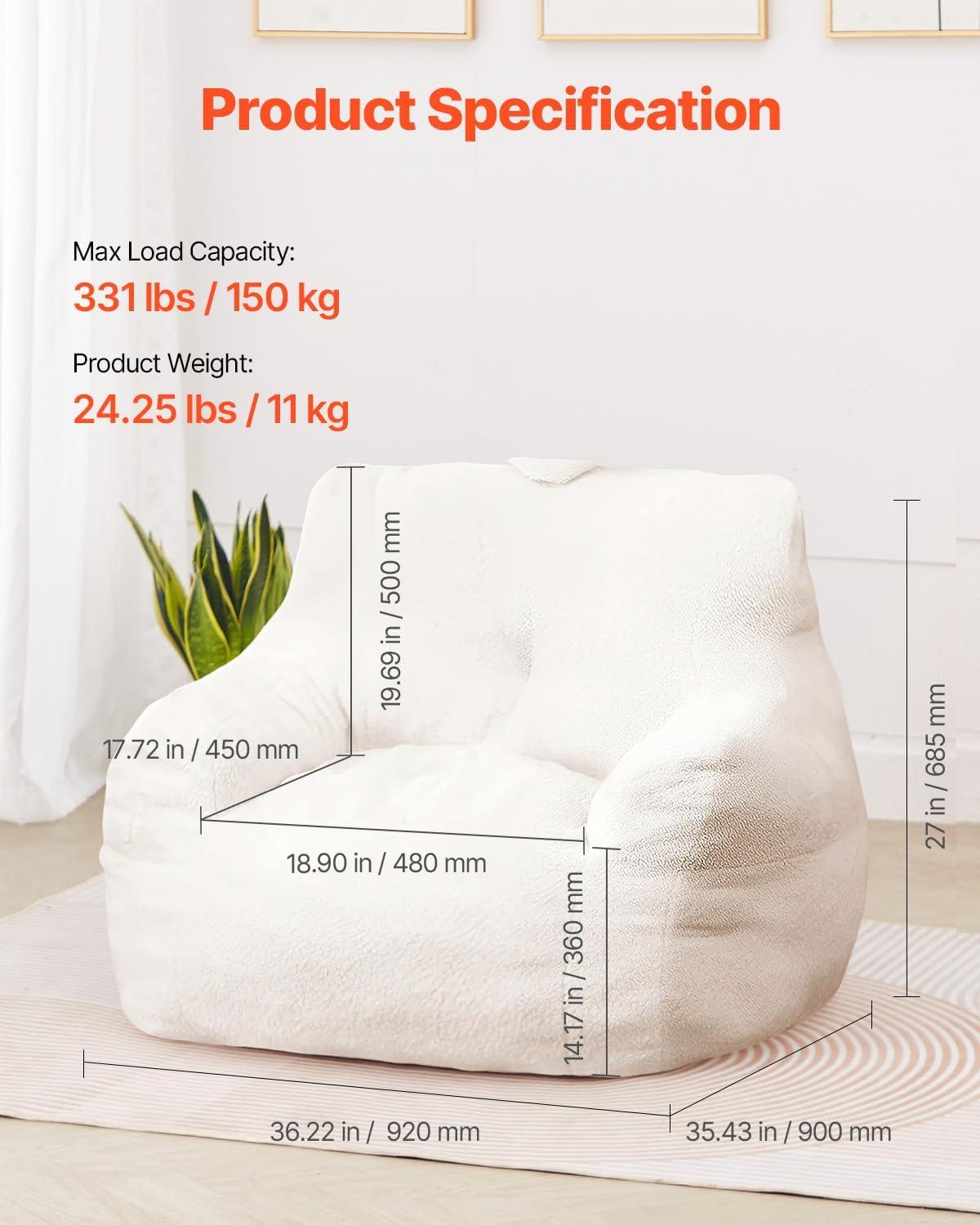 VEVOR 3-Foot Bean Bag Chair with Soft Armrests & Storage Pocket – Comfortable Seating for Home