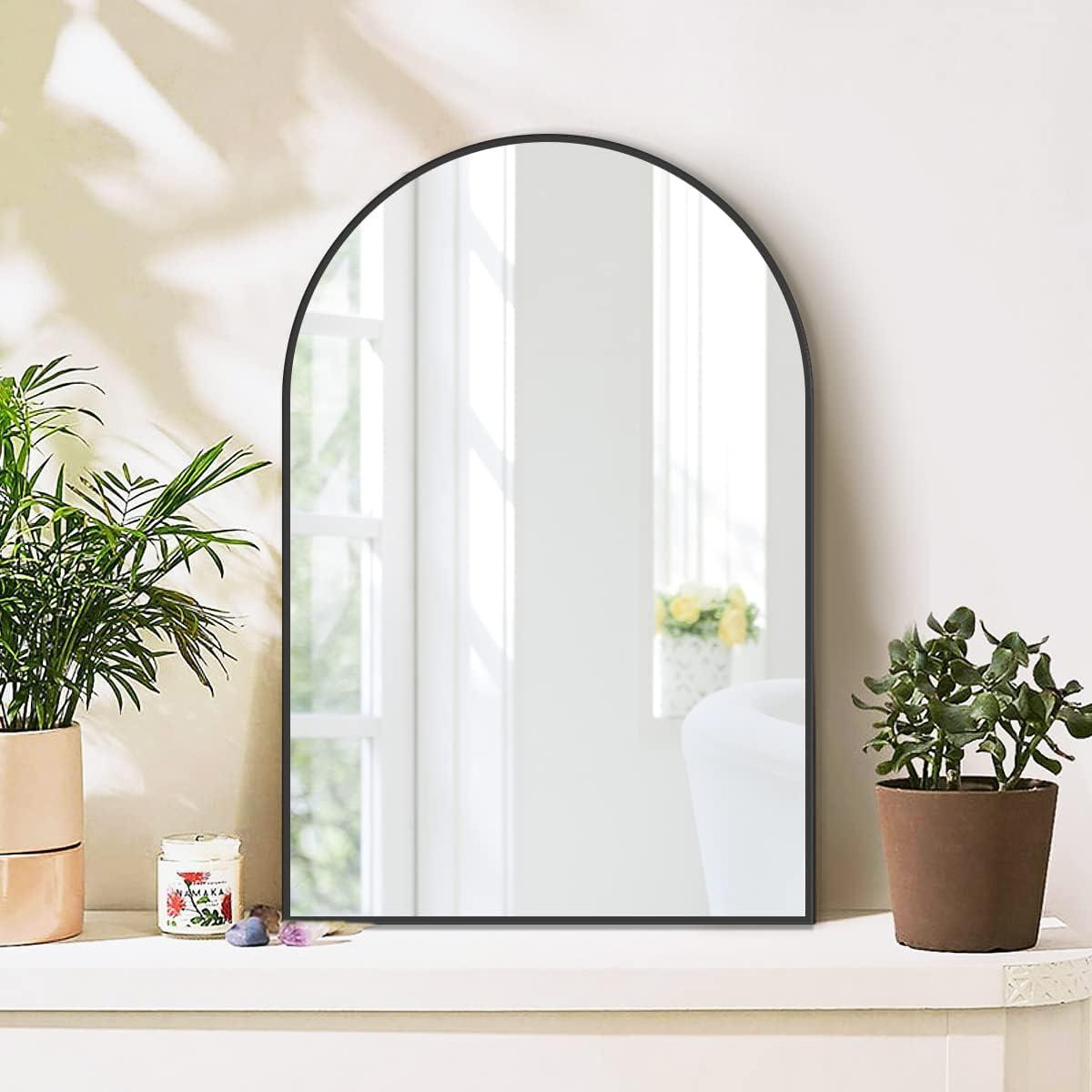 Black Aluminum Framed Arched Wall Mirror, 20x30 Inch